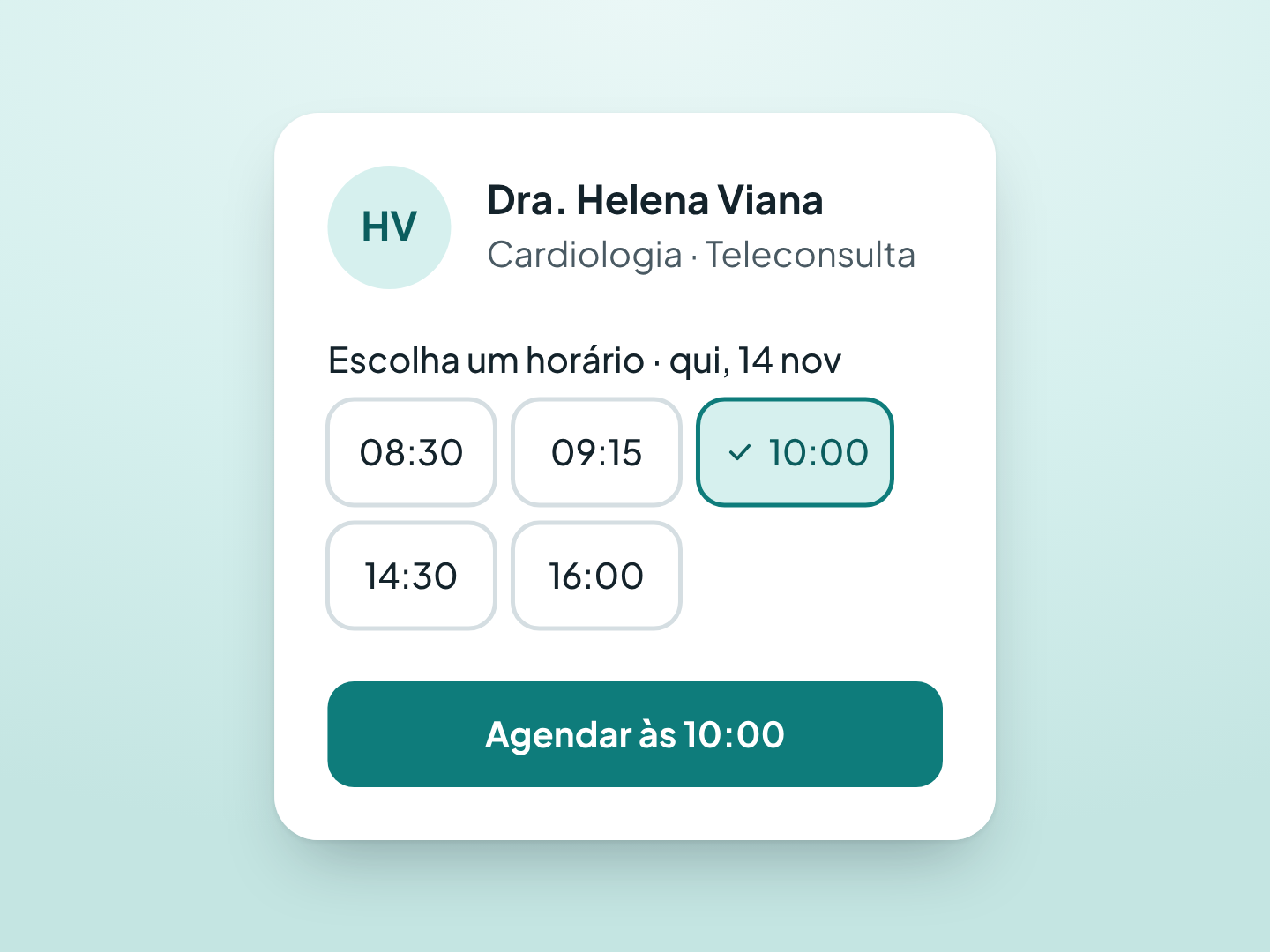 Detalhe do card de agendamento, com o horário selecionado.