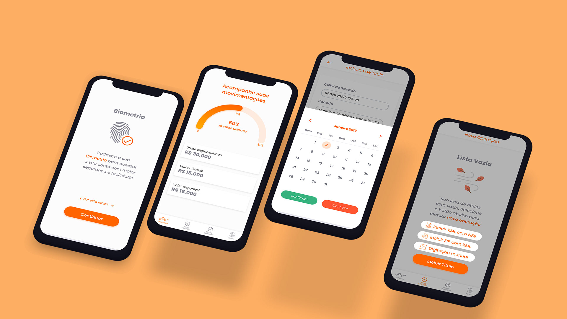 Biometria, dashboard de limite, inclusão de título com calendário e estado vazio ilustrado.