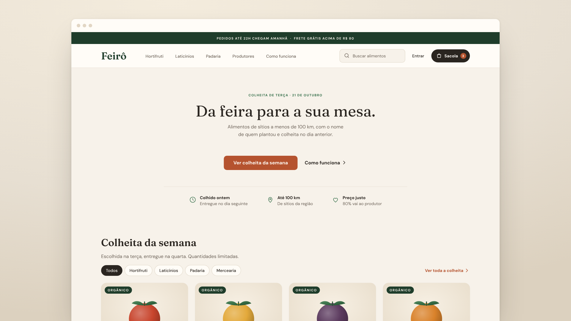 Home: colheita da semana em destaque e produtor identificado.