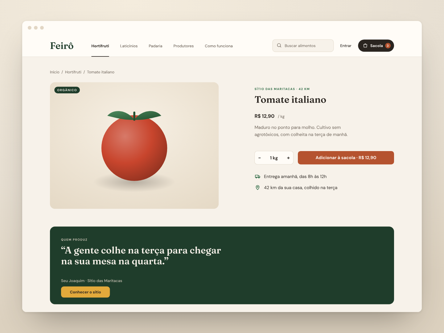 Página de produto com procedência, quantidade e entrega.