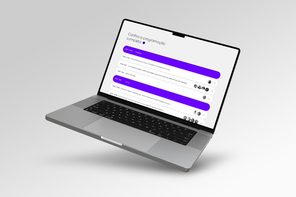 Programação: blocos de período em violeta e sessões expansíveis com avatares dos palestrantes.