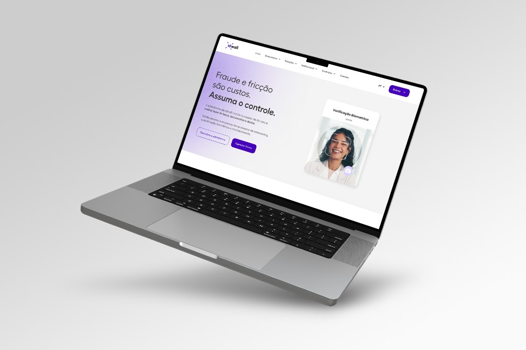 Home: proposta de valor direta e card de verificação biométrica como prova visual.