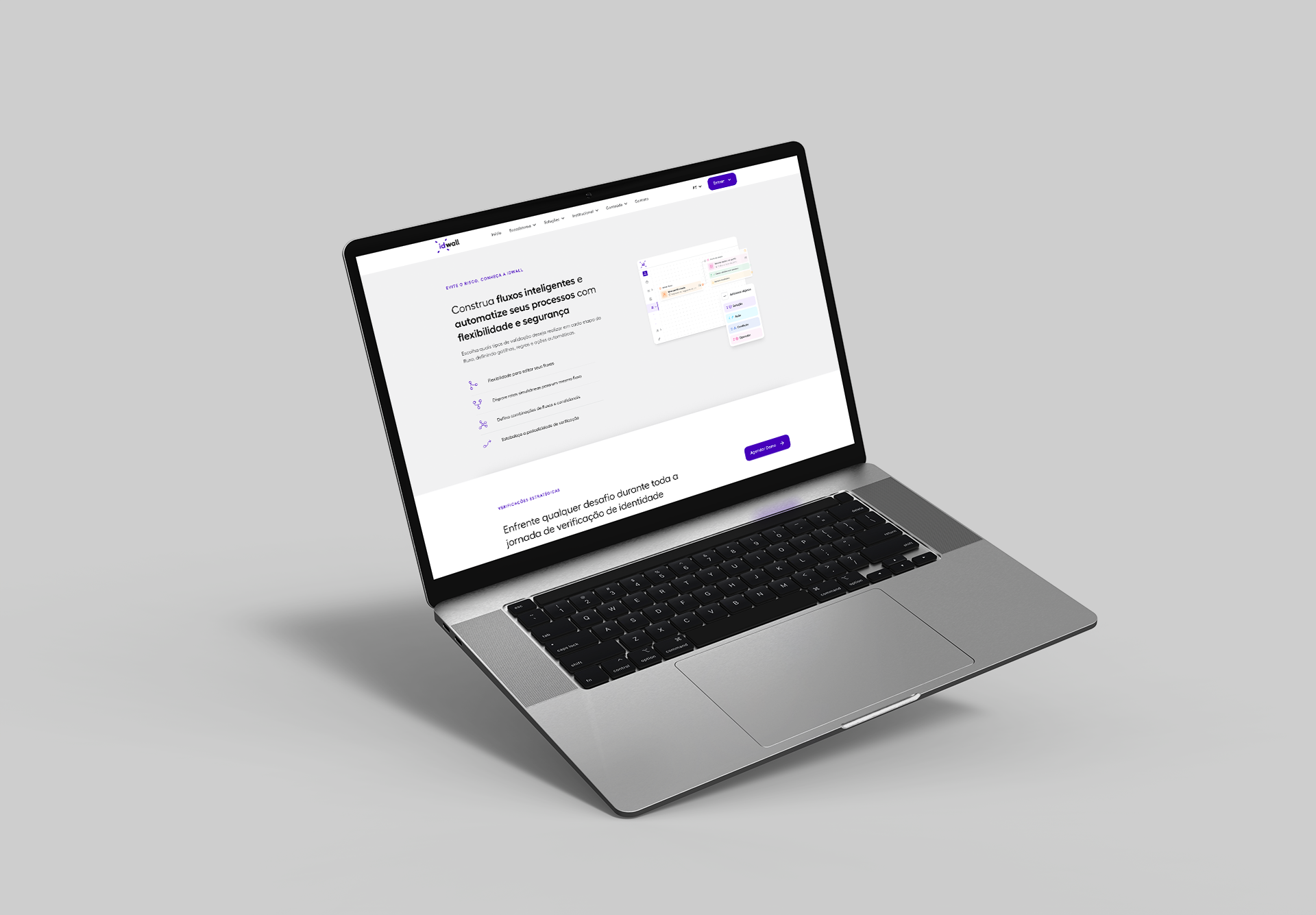 Página de produto: overline, lista de benefícios com ícones e CTA de demonstração.
